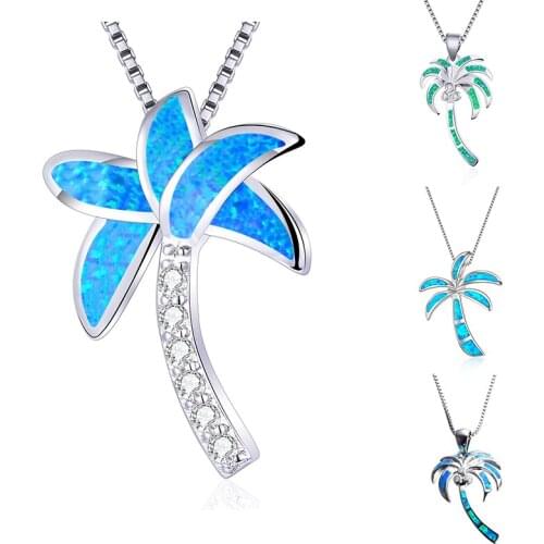 Cute Female Plant Coconut Tree Pendant Necklace Silver Color Wedding Necklace Boho Green Blue Opal Necklaces For Women