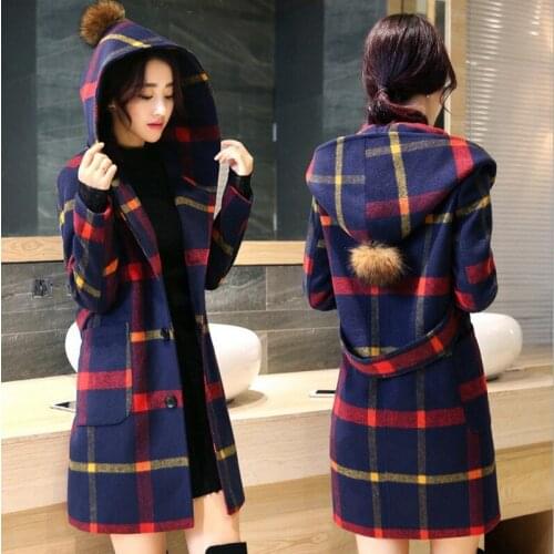 Hot Winter Women Elegant Korean Overcoat Coat Loose Plus Size Jacket Long Sleeve Hooded Mid-long Plaid Outwear High Quality