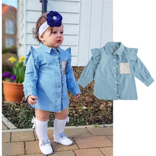 Pudcoco Kids Baby Girls Fashion Long Sleeve Denim trench Coat Shiny Rhinestone Pocket Top for 2-7 Years Children Girls