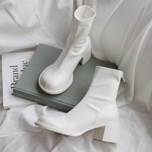 Luxury White Short Boots Womens Thick Heel Spring and Autumn Single Boots 2021 New High Heels Nude Boots Mid-heel Martin Boots