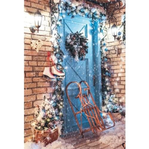 Christmas Backdrop Brick Wall Garland At The Door Photography Background New Year Xmas Party Decor Photo Booth Studio Prop