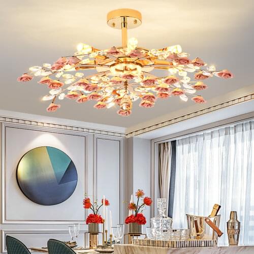 Modern Flower Ceramic Crystal Ceiling Chandelier Simple Light Lamp Lustre Luminaire Models Art Decor For Living Room Bedroom