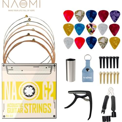 NAOMI Acoustic Guitar Strings Phosphor Bronze Coating Steel Celluloid Guitar Picks Guitar Slide Pins 3-in-1 Restring Tool(37PCS)