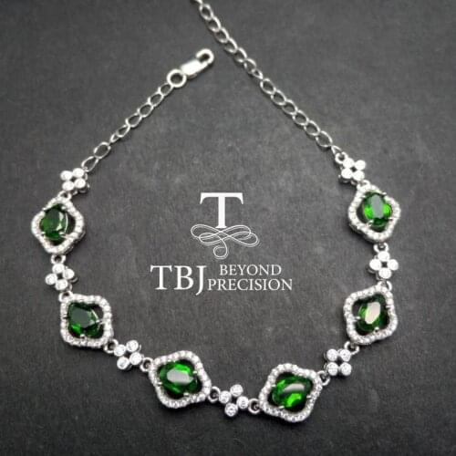 TBJ,100% natural 3ct green chrome diopside gemstone bracelet with extend chain in 925 sterling silver jewelry with gift box