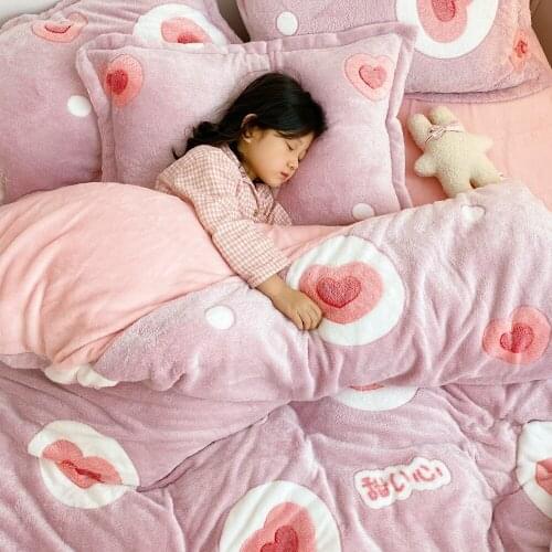 Winter Warm Flannel 3/4pcs Bedding Set Milk Velvet Quilt Duvet Cover Cartoon Thickened Snow Fleece Bed sheet Pillowcase Sets