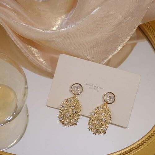 S925 Silver Needle Diamond Exquisite Hollow Large Leaf Mesh Design High End 14k Real Gold Bridal Jewelry Ladies Earring