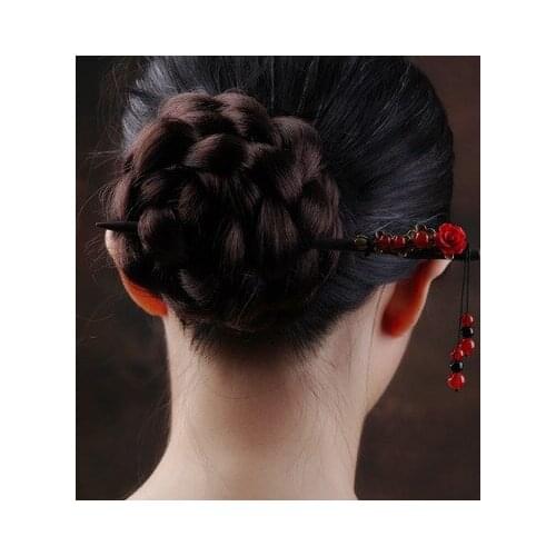 Vintage Style Women Hair Chopstick Invisible Hair Stick Handmade red pink flower Wood Hairpins Styling Tools Hair Accessories