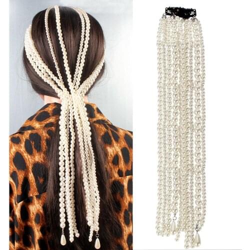 Simulated Pearl Long Tassel Hair Chain Wedding Headdress Bridal Bridesmaid Hair Accessories Headpiece Hairpins Hair Jewelry