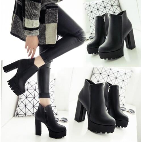 Boot Womens Fashion Side Zipper Woman Female Round Toe Boots Platform Thick High Heel 12 cm Ladies Boots Winter Ankle
