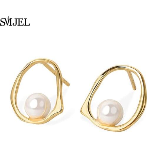 New Brand Design Gold Color Geometric Pearl Stud Earrings For Women New Accessories Wholesale Korean Fashion Earings Studs