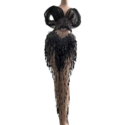 Women Sexy V-neck Black Mesh Sequins Jumpsuit Nightclub Costumes Stage Outfit Bar Party Stage Singer Backless Bandage Jumpsuit