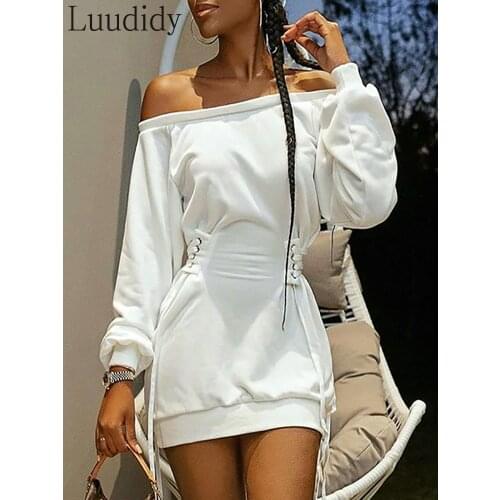 Women Off Shoulder Eyelet Lace Up Casual Hoodie Dress Lady Outfits Overalls