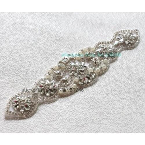 1pc/lot long flower garment fashion trims pearl beaded applique crystal rhinestone embellishment for bridal wedding dress sewing