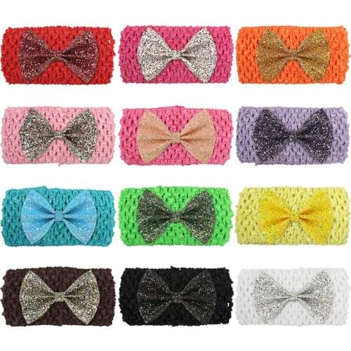 12pcs/lot 4" Sequin Hair Bows With Crochet Headband Glitter Bowknot With Knit Headbands Girls' Hair Accessories