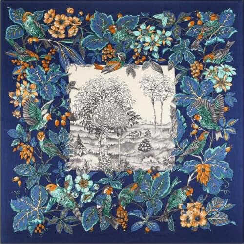 130cm*130cm High Quality Large Square Scarves Shawls Luxury Brand Bohemian Flowers and Birds Twill Silk Scarf For Women Headband