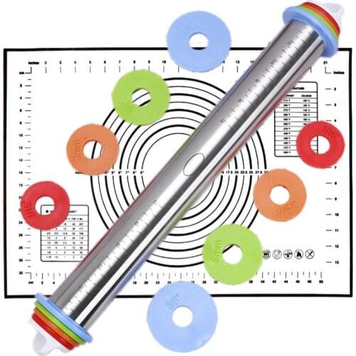 17 Inches Adjustable Thickness Rings Pastry Mat for Baking Cookie Fondant Dough Pastry Pizza Rolling Pin Baking Pastry Mat Set