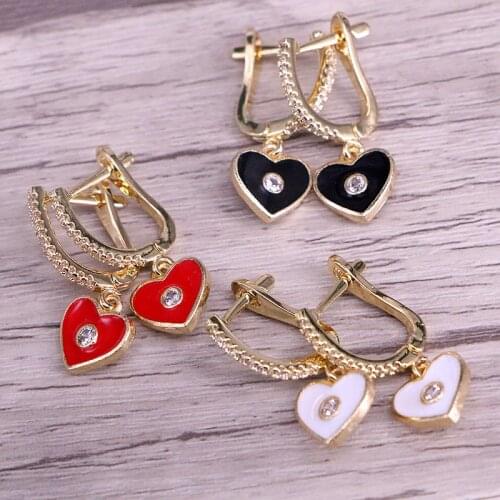 6Pairs, white / red/ black color enamel cz lovely heart dangle earring for women clear cz fashion elegance gold color jewelry