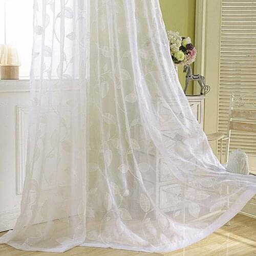 White Embroidered Leaf Tulle Curtain For Living Room Rustic Organza Fabric Bay Window Treatment Drapes wp012C