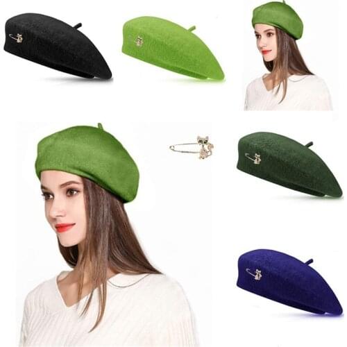 Beret Hat Women Bonnets Kitten Brooch Style Woolen Cap Ladys Autumn And Winter Solid Color Beanie Warm Cap