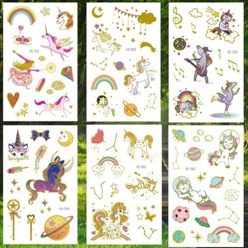 Bronzing Unicorn Rainbow Temporary Tattoos Sticker Gold Tatto Fake Tattoo Stickers for Kids Summer Water Transfer Flash Tatoo