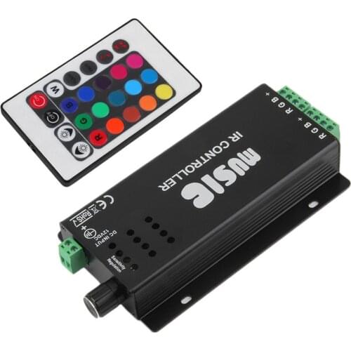 Black 12V/24V DC 2 Channels 24 Key Music IR Remote Controller Sound Sensitive for RGB LED Strip Light Light Accessory