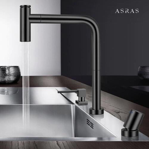 Black Brushed Kitchen Sink Faucet Brass Independent Switch Hot And Cold Water Pull Out 360 Degree Kitchen Mixer Tap