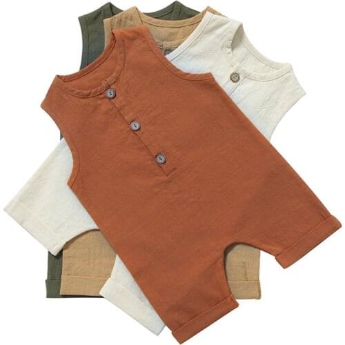 Summer New Childrens Sleeveless Cute Romper One Piece Cotton And Linen Solid Color Breathable Newborn Unisex Baby Romper Wear