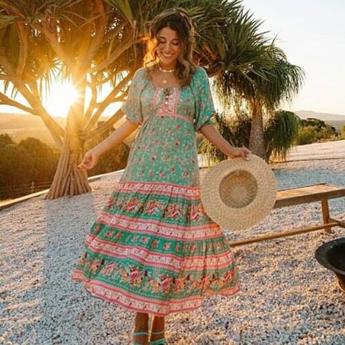 Jastie 2020 Fall Beach Holiday Dress Women Casual Floral Print Elegant Boho Long Dress Puff Short-Sleeve V-neck Sexy Party Robe