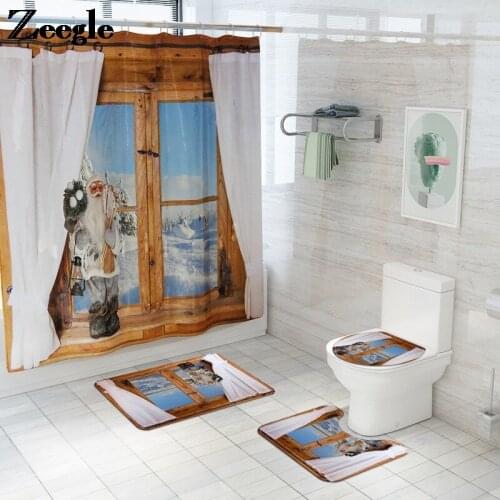 3D Printed Bath Mat for Christmas U-Shaped Toilet Bathroom Mat Set with Shower Curtain Absorbent Soft Floor Mats for Bathroom
