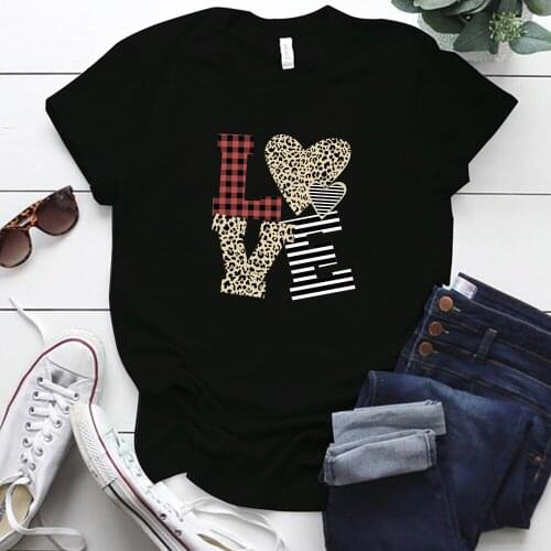 Leopard Check LOVE Graphic Tee Short Sleeve S-5xl Plus Size Tshirt Women Harajuku Cute Lovely Gift for Lady Oversized T Shirt