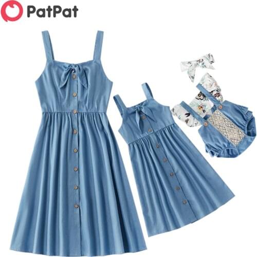 PatPat 2021 New Summer Bow Front Button Matching Tank Dresses