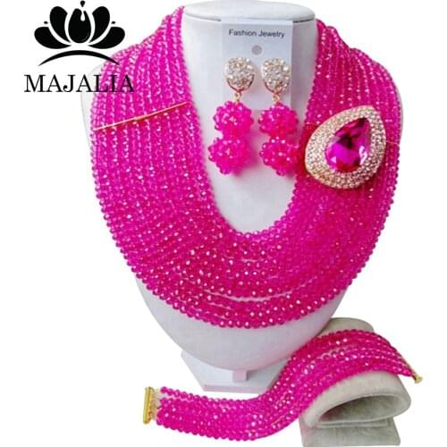 Fashion Hot Pink african crystal beads necklace set nigerian wedding african beads jewelry Set Free shipping M6-037