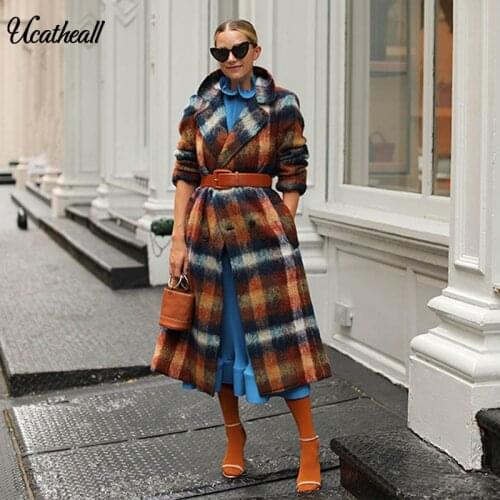 Autumn Winter Women V Neck Lapel Plaid Long Coat Jacket Casual Warm Overcoat Fashion Long Coats