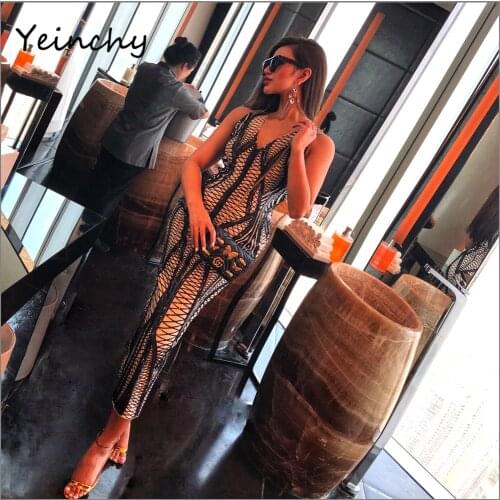 Yeinchy sexy v neck sleeveless party dress retro sequin stretchy bodycon split dress FM6032