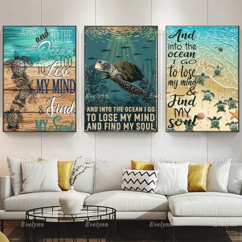 Turtle Vintage Style Poster, And Into The Ocean I Go To Lose My Mind and Find My Soul Canvas, Turtle Beach, Modern Home Decor