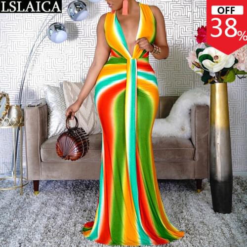 Deep V-Neck Dress Floor-Length Party Trumpet / Mermaid Dress for Women Fashion New Arrival Colorful Stripes Vestido De Mulher