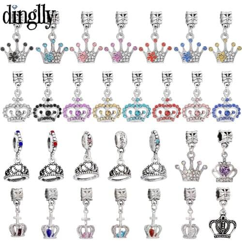 Dinglly 1pcs Multicolor Zircon Crown Pendant Crystal Crown Charm Hat Dangle Beads Fit DIY Bracelets & Necklace Accessory Gift