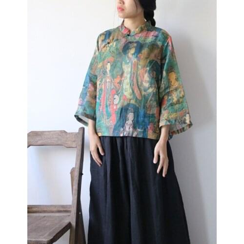 National Buddhist Characters Print Stand Collar Bead Button Pure Linen Shirt, Summer Ethnic Flare Sleeve Cool Vintage Top Blouse