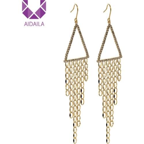Women Long Chains Earrings with Full Rhinestone Copper Metal High Quality Triangle Earrings Party Gift Romantic Lovely