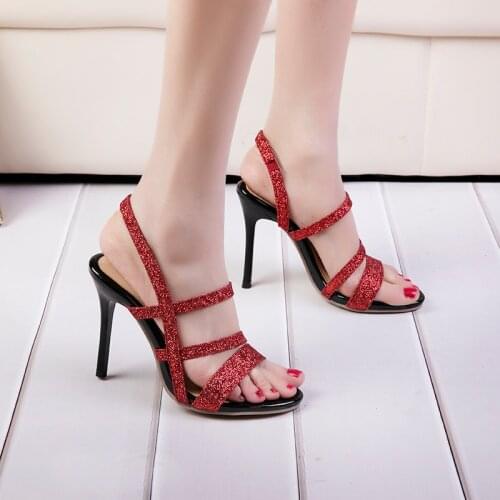 Sgesvier Shoes woman High heels Ladies sandals Sequined cloth Slip on Thin heel Summer Party Red Wine Silver Big size 46 G299