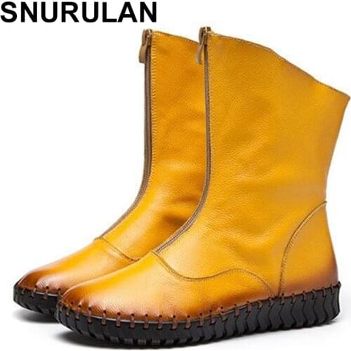 SNURULAN 2018 Spring Hand-sewn Women Boots Soft Real Leather Boots Flat Casual Shoes Plus Velvet Fall Winter Boots Snow Boots
