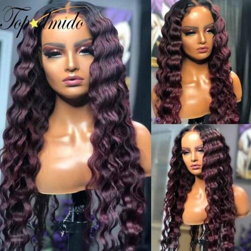 TOPODMIDO Deep Wave 13x4 Lace Front Human Hair Wigs with Baby Hair Pre-Plucked Ombre 99J Color Brazilian Hair Lace Front Wigs