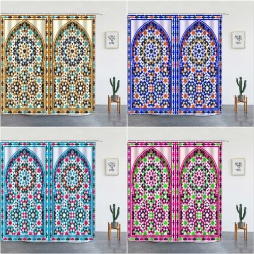 Waterproof Fabric Shower Curtain Arabic Arch Morocco Antique Doors Print Bath Screen Old Wooden Door Bathroom Curtains With Hook