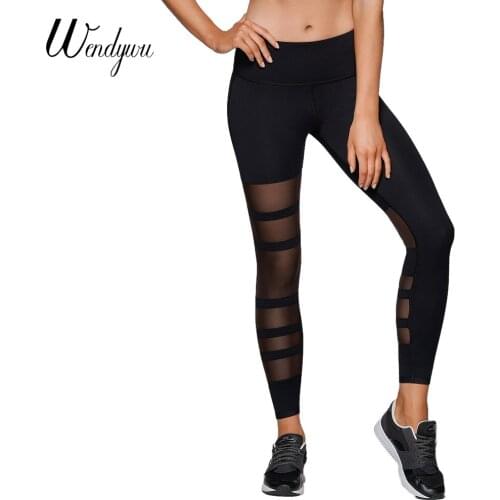 Wendywu New Fashion Casual Mesh Patchwork Stretch Mid Waist Women Black Bodycon Leggings