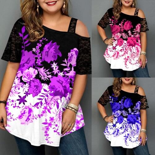 Plus Size Floral Print Women Top T-Shirt Summer Lace Large Size One Shoulder T Shirt Blouses Shirt 5Xl 6Xl Female T-Shirt D30