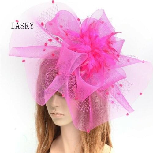 Big White Red Face Mesh Fascinators Clip Hat For Women Dot Veil Feather Flower Headwear Ladies Cocktail Party Derby Church