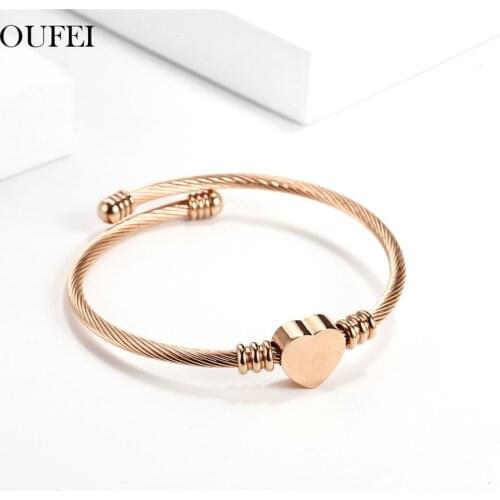 OUFEI Rose Gold Heart Cuff Bracelets Bangles For Women Charms Stainless Steel Jewelry Woman Fashion Jewelry Accessories