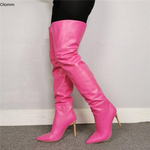 Olomm 2020 Handmade Women Thigh High Boots Sexy Stiletto High Heels Pointed Toe Gorgeous Fuchsia Party Shoes Women US Size 5-15