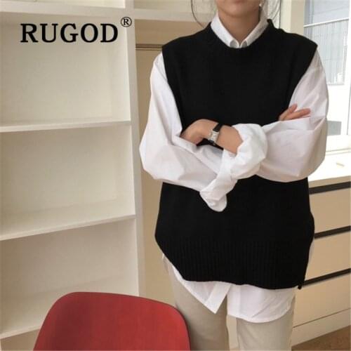RUGOD Womens Jersey Solid Color O-Neck Sleeveless Oversized Sweater Vest Female All-match Knitwear Fashion Tide Gilet 2021
