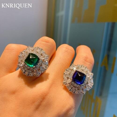 100% 925 Sterling Silver Full High Carbon Diamond 10*10mm Emerald Sapphire Gemstone Rings for Women Cocktail Party Fine Jewelry